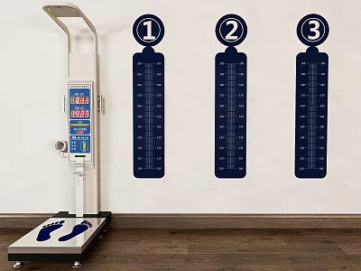 Sports Equipment With Digital Weighing Scale And Wall Mounted Numbered Height Charts 3d model