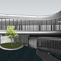 Modern Sales Office Building With Curved Glass Facade And Landscape Design 3d model