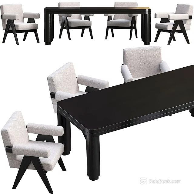 Modern Dining Table Set With Black Wooden Table And White Armchairs 3d model 