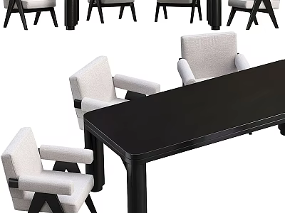 Modern Dining Table Set With Black Wooden Table And White Armchairs 3d model