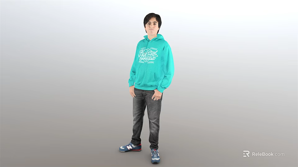 Man Wearing Teal Hoodie With White Text Dark Jeans And Sneakers Standing In Gray Background 3d model 