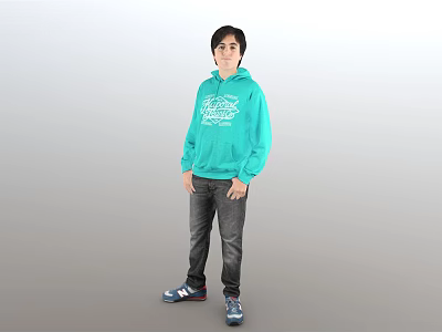 Man Wearing Teal Hoodie With White Text Dark Jeans And Sneakers Standing In Gray Background 3d model