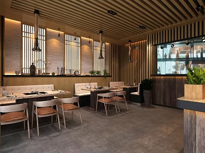 Modern Restaurant Interior With Wooden Ceiling Pendant Lights Green Plants And Dining Area 3d model