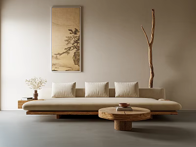 Natural Style Sectional Sofa with Plush Cushions and Wooden Coffee Table in Minimalist Room 3d model