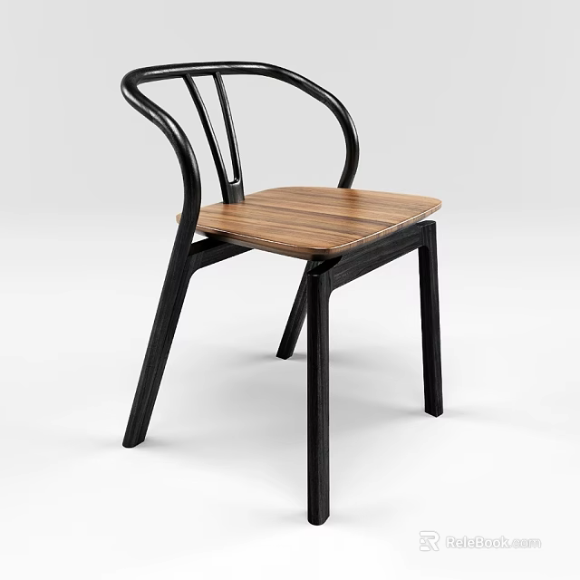 Modern Leisure Chair With Wooden Seat And Curved Black Armrests Frame 3d model 
