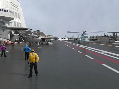 Modern Aircraft Carrier Deck With Military Jets Helicopters And Crew Members 3d model