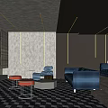 Modern Home Theater Interior With Large Screen Blue Sofas Red Stools And Checkered Flooring 3d model