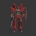 Red And Gold Mecha Model With Spear Sword And Reflection On Black Background