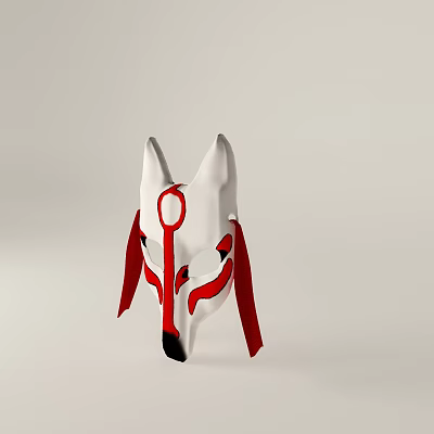 White Fox Mask Made With Building Blocks Featuring Red Accents Ears And Ribbons 3d model