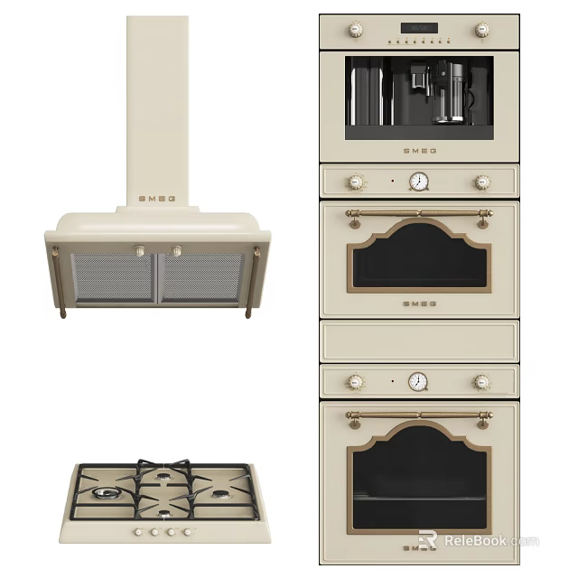 Cream Colored Kitchen Appliances Set With Range Hood Oven And Gas Stove 3d model 