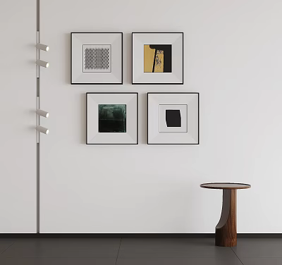 Abstract Paintings on White Wall with Metal Wall Lamp and Small Round Table 3d model