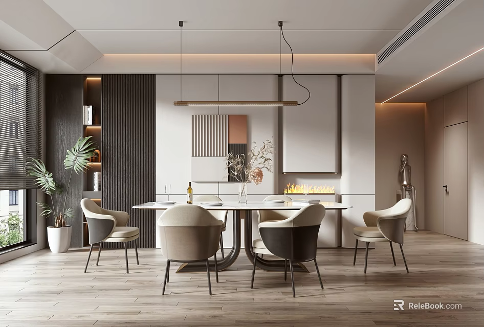 Modern Restaurant Interior With Open Concept Dining Table Comfortable Chairs And Hanging Lights 3d model