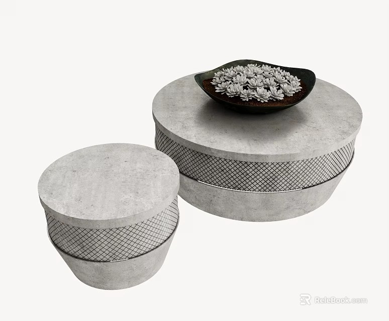 Modern Round Gray Coffee Tables With Woven Detail And Decorative Bowl On Top 3d model 