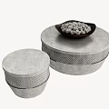 Modern Round Gray Coffee Tables With Woven Detail And Decorative Bowl On Top