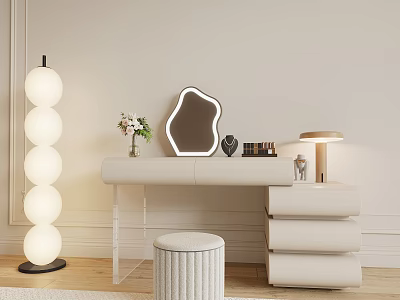 Modern Minimalist Dressing Table With Irregular Mirror Transparent Legs White Stool And Spherical Floor Lamp 3d model