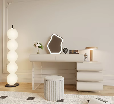 Modern Minimalist Dressing Table With Irregular Mirror Transparent Legs White Stool And Spherical Floor Lamp 3d model
