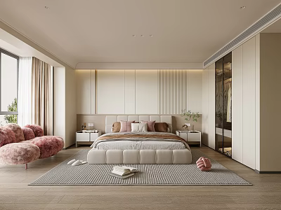 Modern Bedroom Interior With Light Colored Design Bed Nightstands Pink Sofa And Rug 3d model