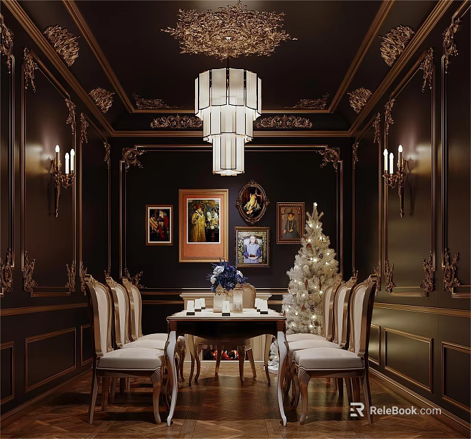 Luxurious Dining Room With Dark Walls Golden Decor Chandelier Dining Table Chairs And Christmas Tree 3d model 