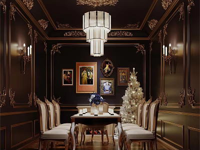 Luxurious Dining Room With Dark Walls Golden Decor Chandelier Dining Table Chairs And Christmas Tree 3d model