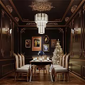 Luxurious Dining Room With Dark Walls Golden Decor Chandelier Dining Table Chairs And Christmas Tree