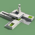 Modern Architectural Structure With White Exterior Tall Tower And Green Roof Sections