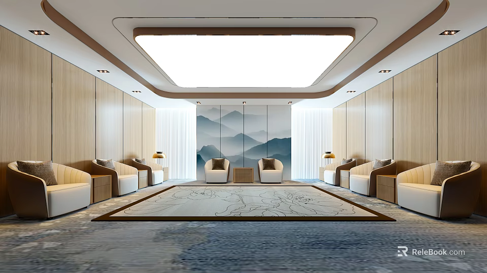 Hotel Public Lounge With Modern Wooden Walls Landscape Painting Backdrop Comfortable Sofas And Area Rug 3d model 