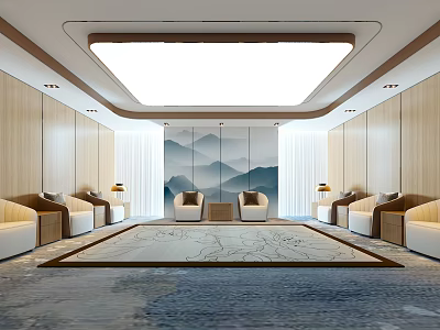 Hotel Public Lounge With Modern Wooden Walls Landscape Painting Backdrop Comfortable Sofas And Area Rug 3d model