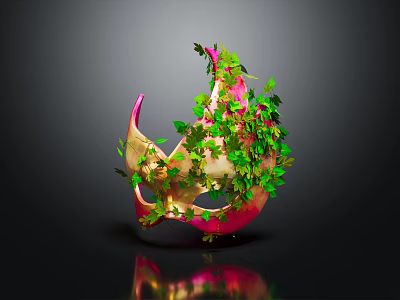 Dragon Fruit Shaped Decorative Sculpture Adorned With Green Vines And Leaves With Reflection 3d model