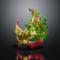 Dragon Fruit Shaped Decorative Sculpture Adorned With Green Vines And Leaves With Reflection