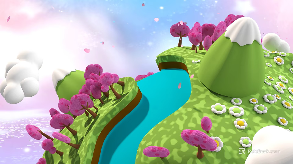 Commercial Outdoor Landscape Equipment With Pink Trees Green Grass And Blue River 3d model 
