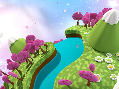 Commercial Outdoor Landscape Equipment With Pink Trees Green Grass And Blue River 3d model