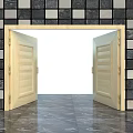 Double Wooden Doors With Dark Frame Black White Checkered Tile Wall And Marble Floor
