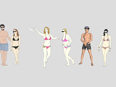 Group of People Wearing Swimwear Standing Together with Various Poses at Beach on Sunny Day 3d model