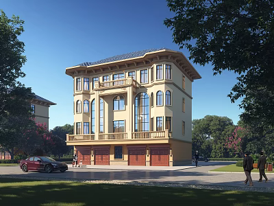 Detached Villa With Yellow Exterior Large Windows Balconies Green Trees And Open Area 3d model