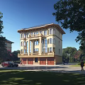 Detached Villa With Yellow Exterior Large Windows Balconies Green Trees And Open Area