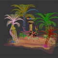 Cartoon Egyptian Scene With Anubis Figure Palm Trees Sandy Landscape And Golden Pyramid