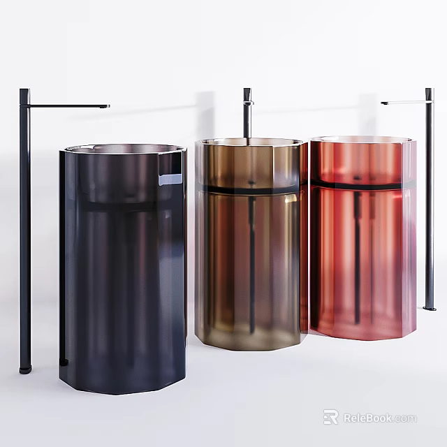 Modern Metallic Washbasins in Black Gold and Red Cylindrical Design for Bathroom 3d model 