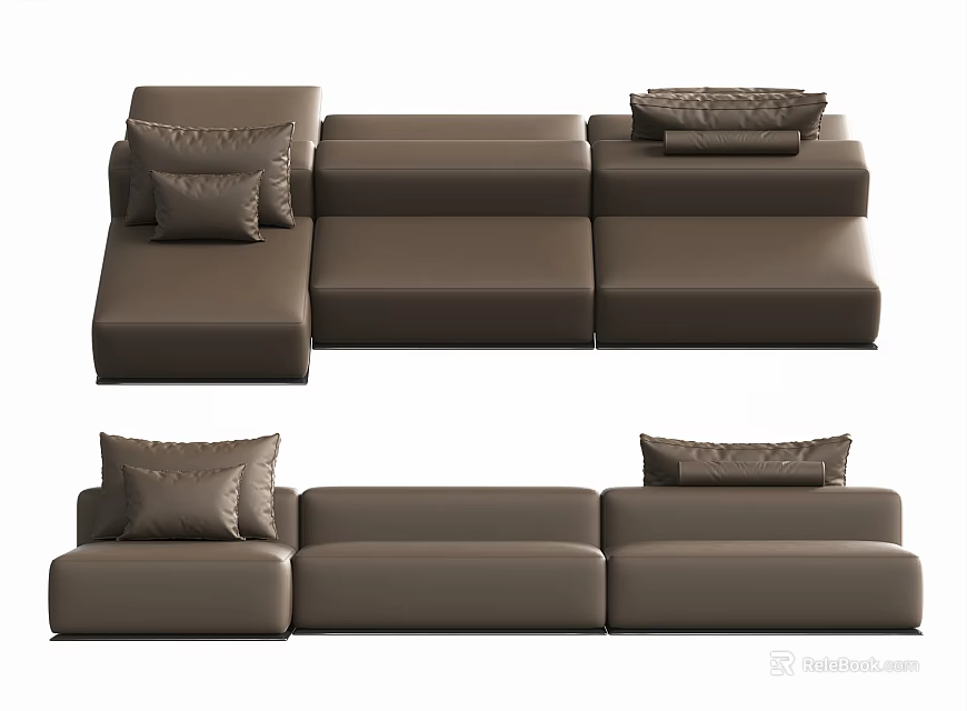 Modern Brown Sectional Sofa With Modular Design And Soft Decorative Pillows 3d model