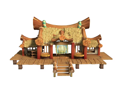 Cartoon Scene of Traditional Thatched Hut With Curved Wooden Roof Green Ornaments and Wooden Steps 3d model