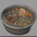 Wooden Bucket With Two Capybaras And Scattered Yellow Fruits As Daily Supplies