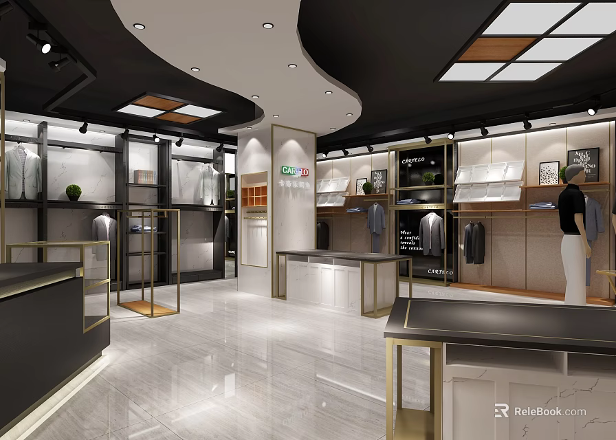 Modern Clothing Store Interior With Fashion Apparel Displays And Lighting Fixtures 3d model 