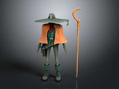 Wizard Character With Green Gray Attire Orange Cloak Wide Brimmed Hat And Long Staff 3d model