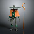 Wizard Character With Green Gray Attire Orange Cloak Wide Brimmed Hat And Long Staff