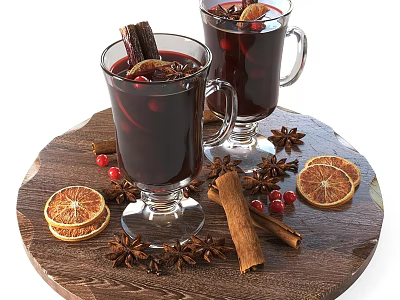 Warm Mulled Wine with Cinnamon Sticks Star Anise and Dried Orange Slices on Wooden Tray 3d model
