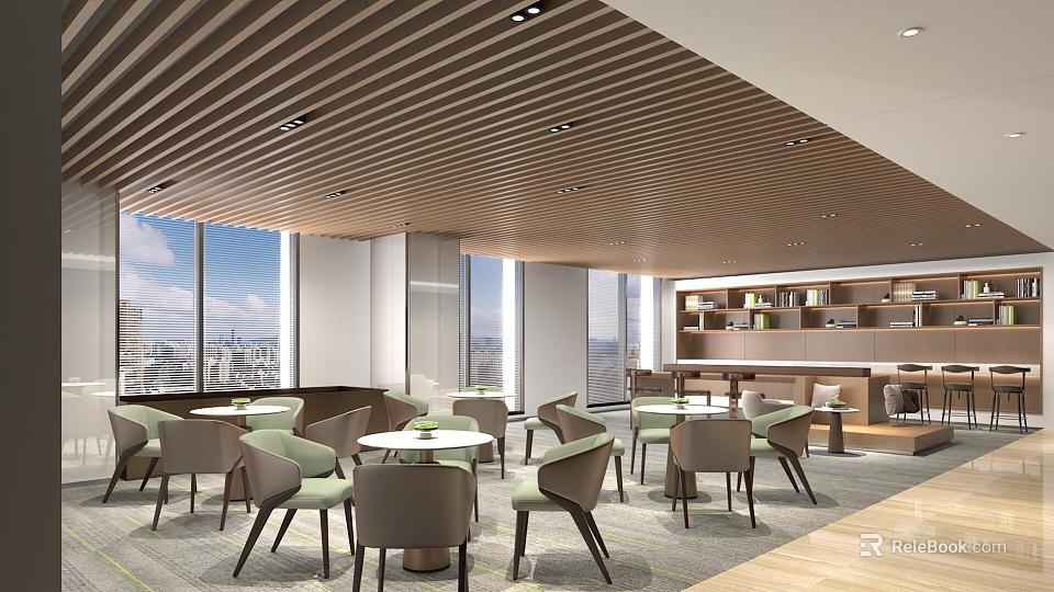 Lounge Area With Wooden Slatted Ceiling Large Windows City View And Bar Counter With Bookshelves 3d model 