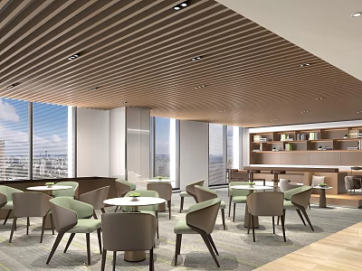 Lounge Area With Wooden Slatted Ceiling Large Windows City View And Bar Counter With Bookshelves 3d model