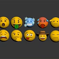 Yellow Emoji Decorative Figurine Set With Various Expressions Arranged Display And Reflections On Dark Background