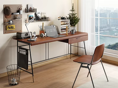 Modern Desk With Laptop Desk Lamp Radio Stationery And Pinboard Near City View Window 3d model