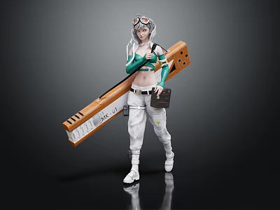 Standing Character With Goggles Green Sleeves Carrying Wooden Tool Plank And Tool Bag 3d model