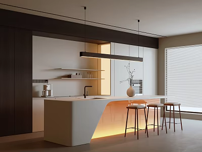 Modern Open Kitchen Bar Counter Design With Hanging Lights And Stools 3d model